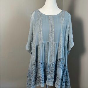 RAGA Large Light BlueTunic w high waist attached to flowy embroidered bottom.